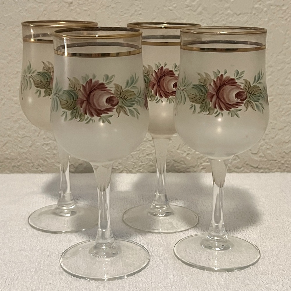 Vintage Rose Frosted Wine Glasses By Luminarc France. Set Of 4